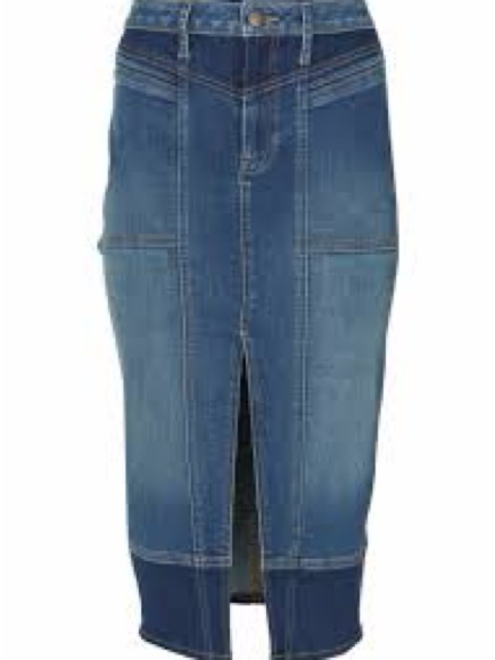 Boutique Denim Midi Skirt Contrast Wash Front Slit Western Chic Pencil Skirt